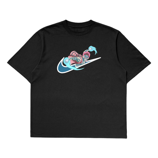Akaza oversized t-shirt featuring vibrant embroidery of a character on a black premium cotton tee.
