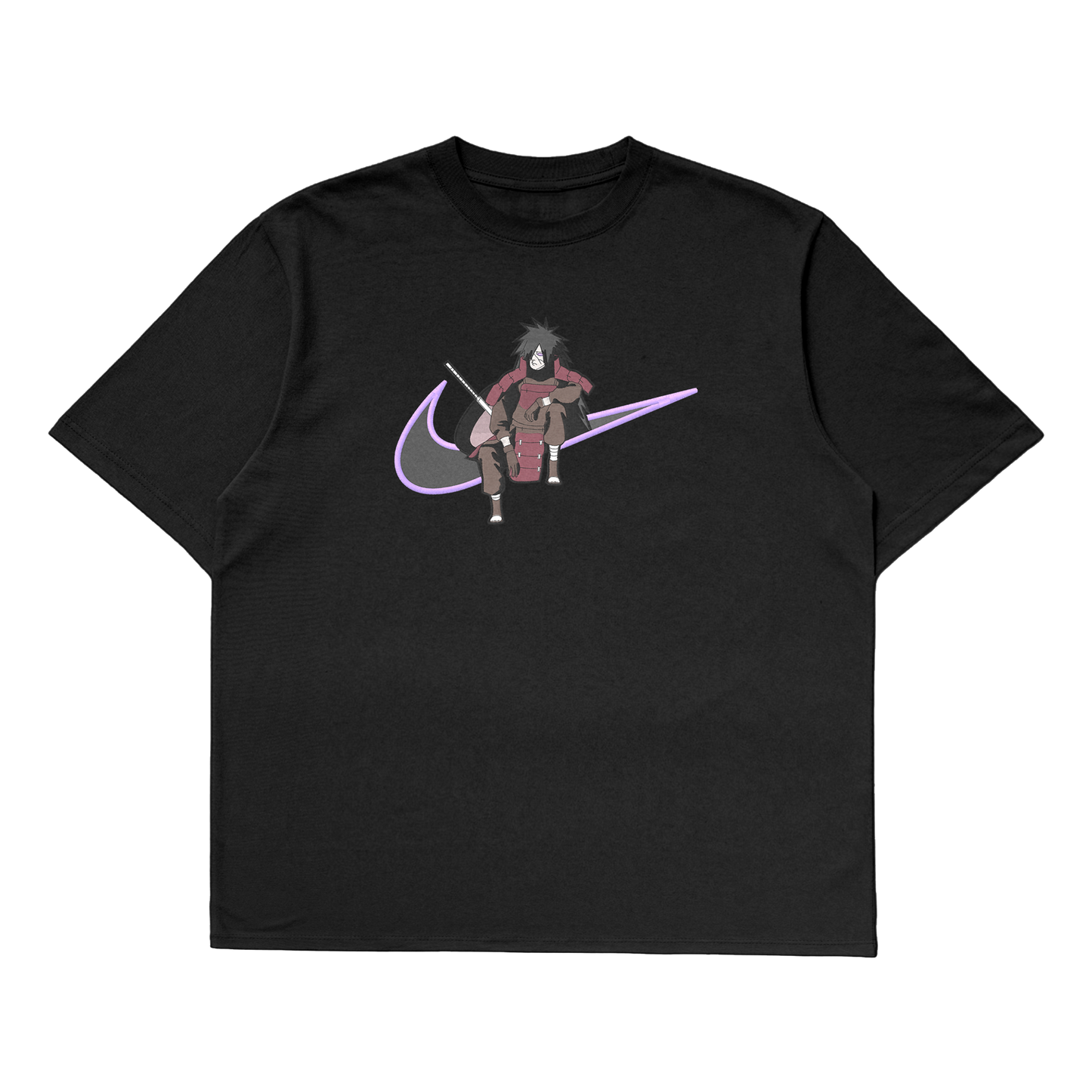 Madara Uchiha oversized t-shirt featuring a vibrant design on a black background.