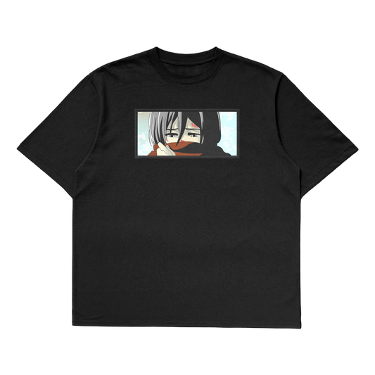 Mikasa Ackerman oversized t-shirt featuring Mikasa's fierce design for anime fans.