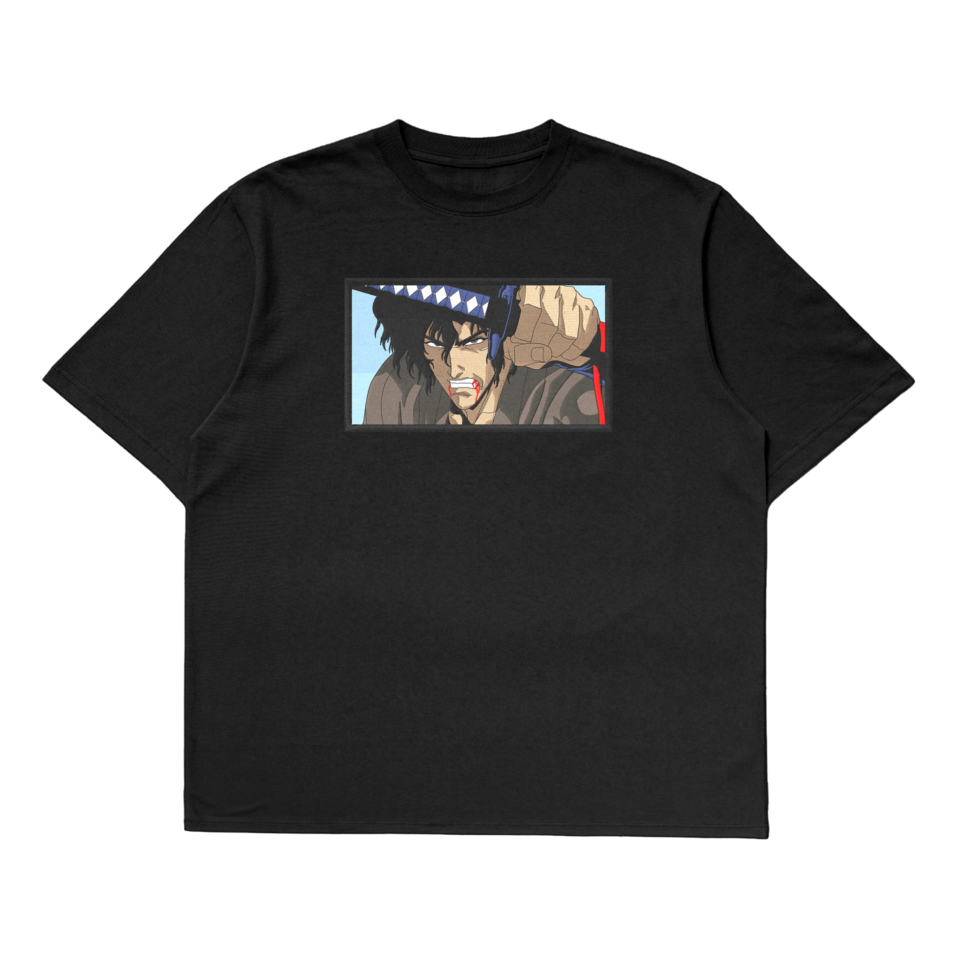Mugen oversized t-shirt featuring an embroidered design from Samurai Champloo, showcasing a rebellious anime character.