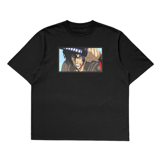 Mugen oversized t-shirt featuring an embroidered design from Samurai Champloo, showcasing a rebellious anime character.