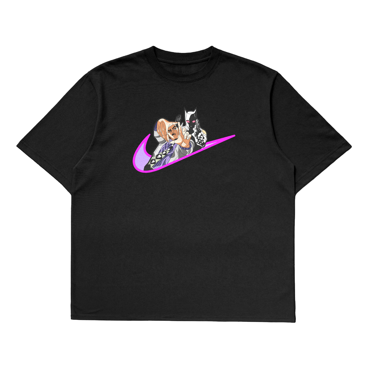 Yoshikage Kira oversized t-shirt featuring a dynamic design with Nike logo in vibrant colors.