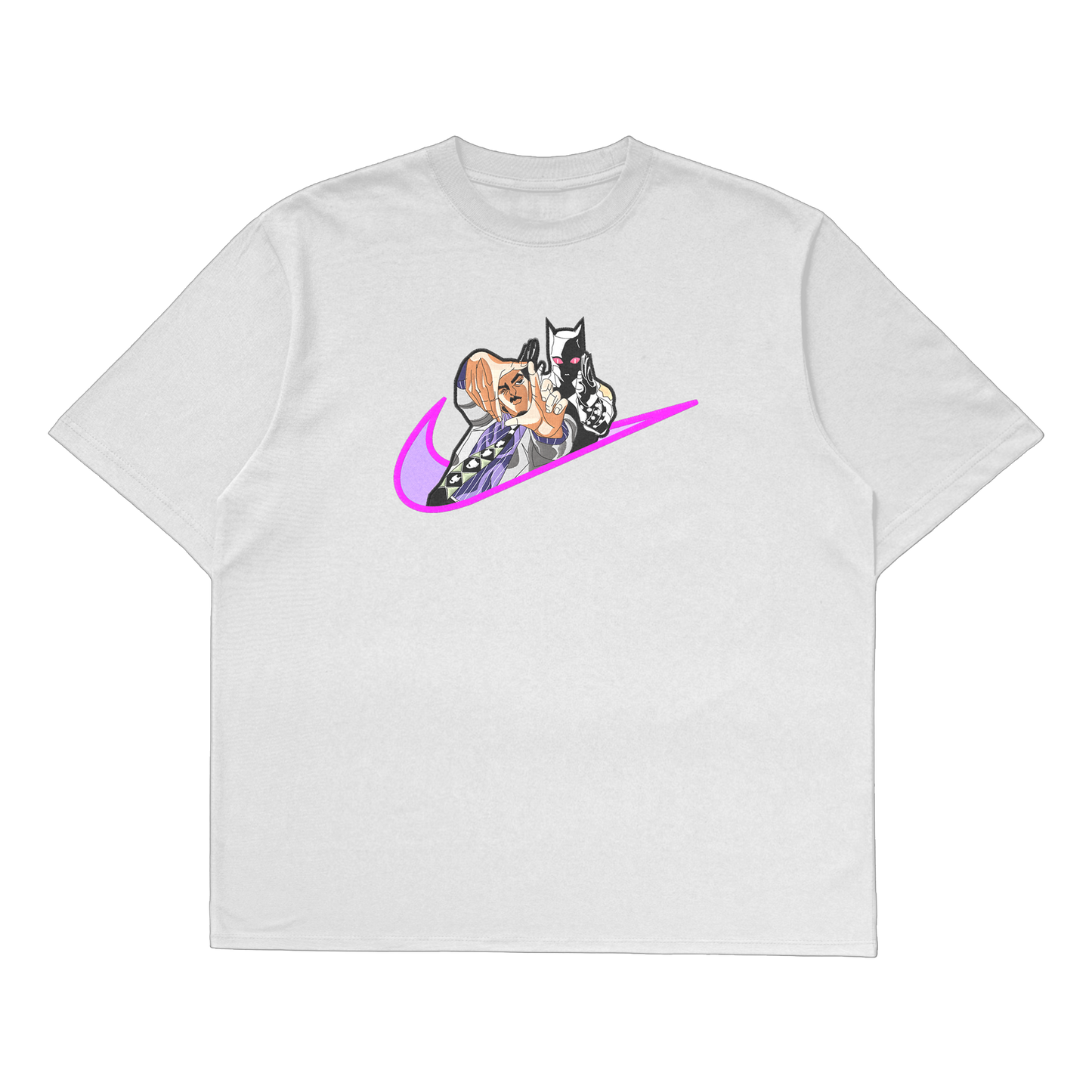 Yoshikage Kira oversized t-shirt featuring colorful embroidery and premium cotton fabric, inspired by JoJo's Bizarre Adventure.