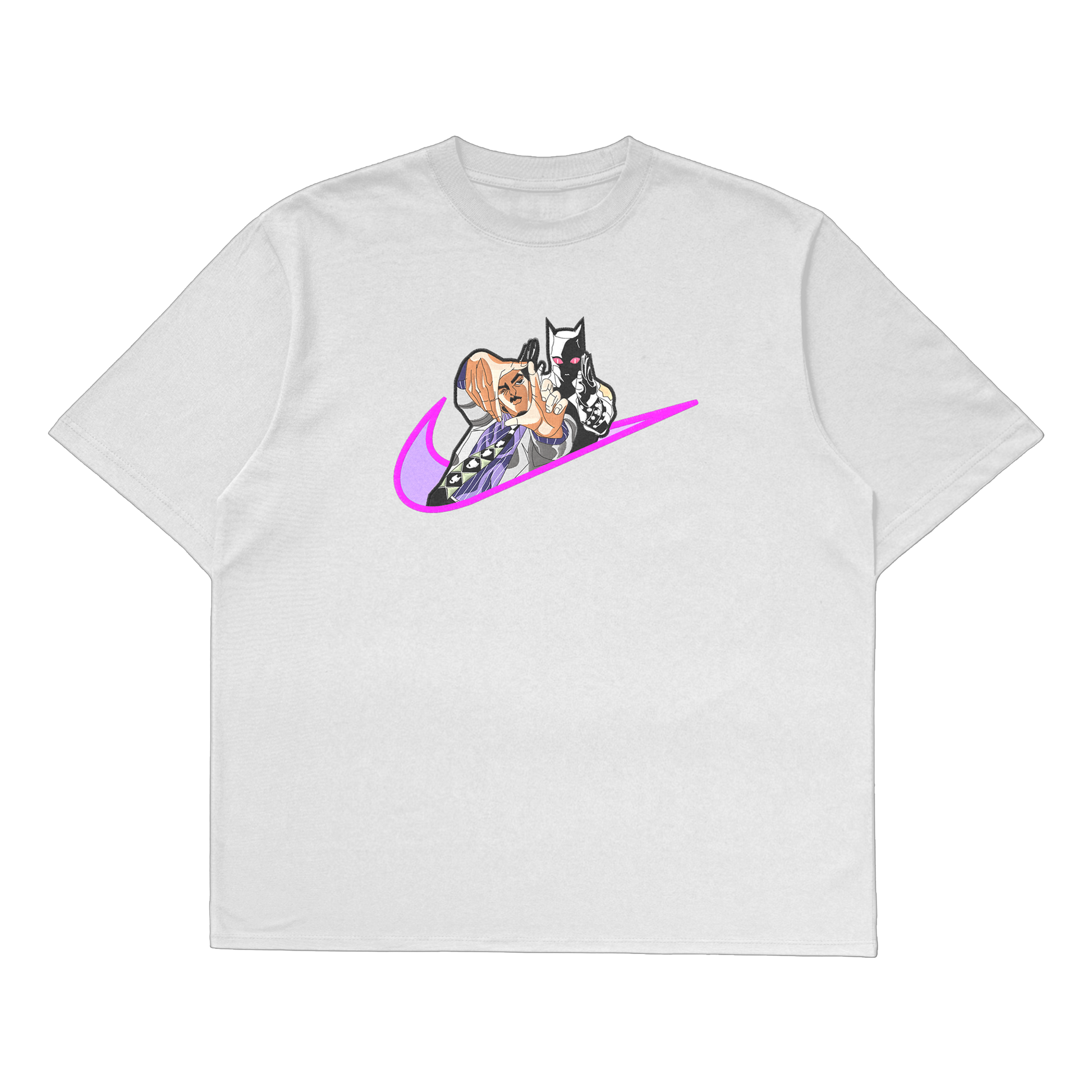Yoshikage Kira oversized t-shirt featuring colorful embroidery and premium cotton fabric, inspired by JoJo's Bizarre Adventure.