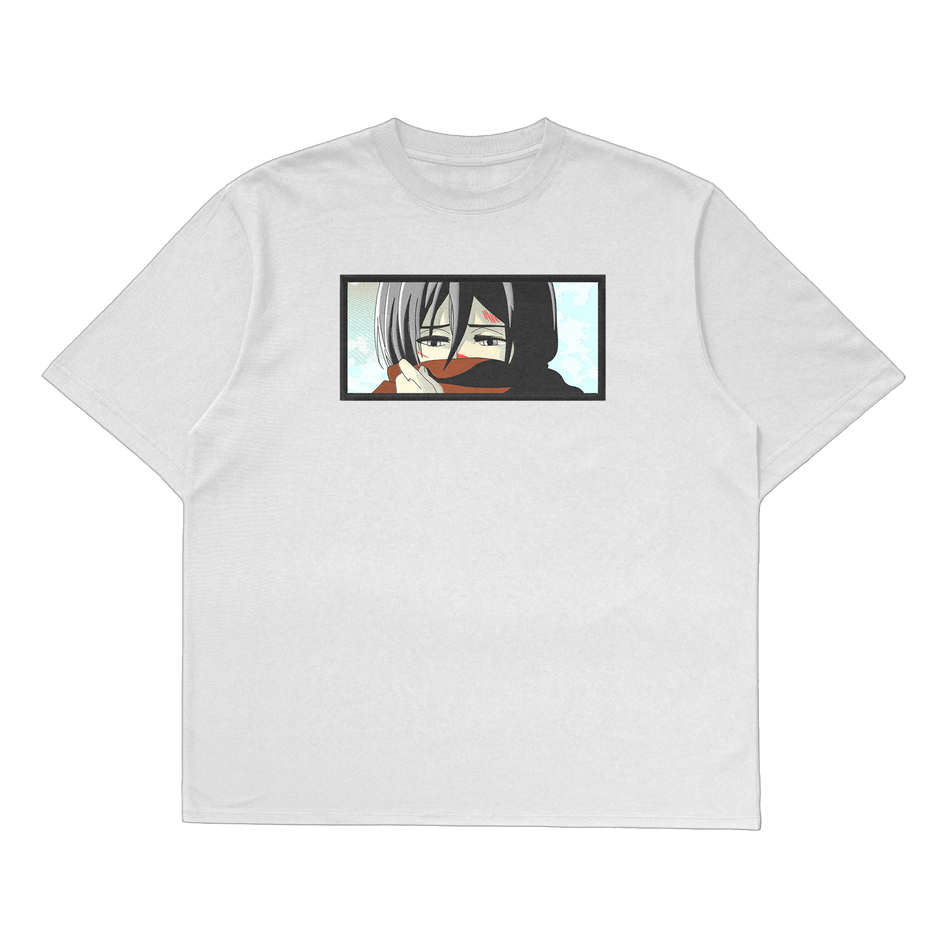 Mikasa Ackerman oversized t-shirt featuring a bold design of the character from Attack on Titan.