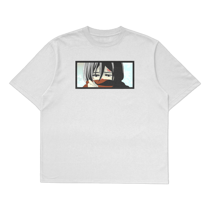 Mikasa Ackerman oversized t-shirt featuring a bold design of the character from Attack on Titan.