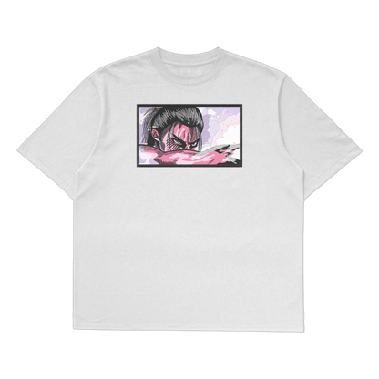 Eren Yeager oversized t-shirt featuring a full-body design of Eren in his final transformation form.