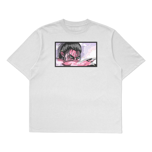 Eren Yeager oversized t-shirt featuring a full-body design of Eren in his final transformation form.