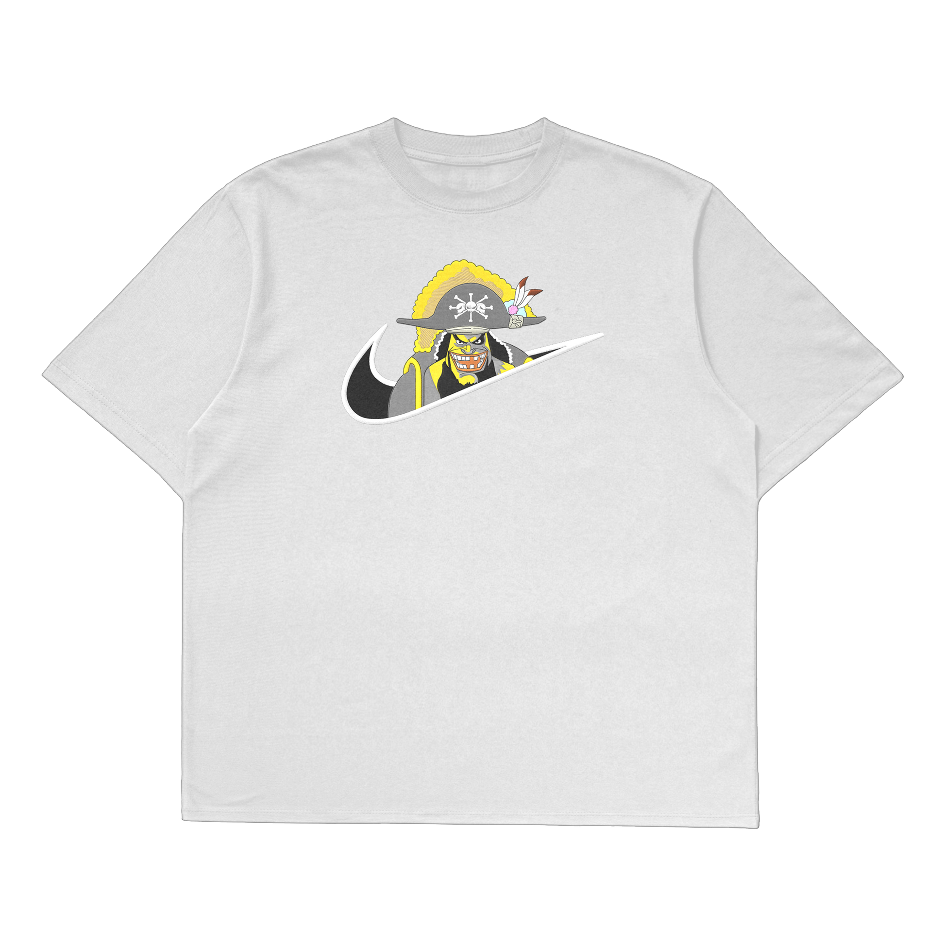 Blackbeard oversized t-shirt featuring a full-body graphic of Blackbeard with a Nike logo, perfect for anime fans.