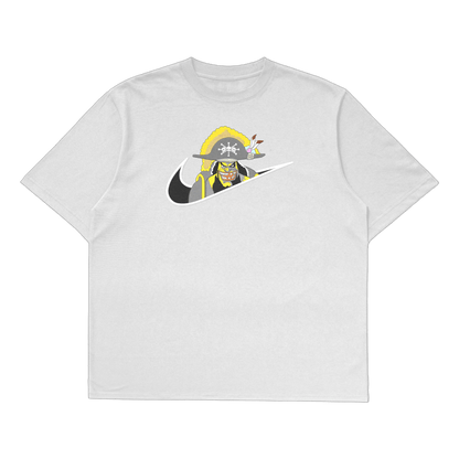 Blackbeard oversized t-shirt featuring a full-body graphic of Blackbeard with a Nike logo, perfect for anime fans.