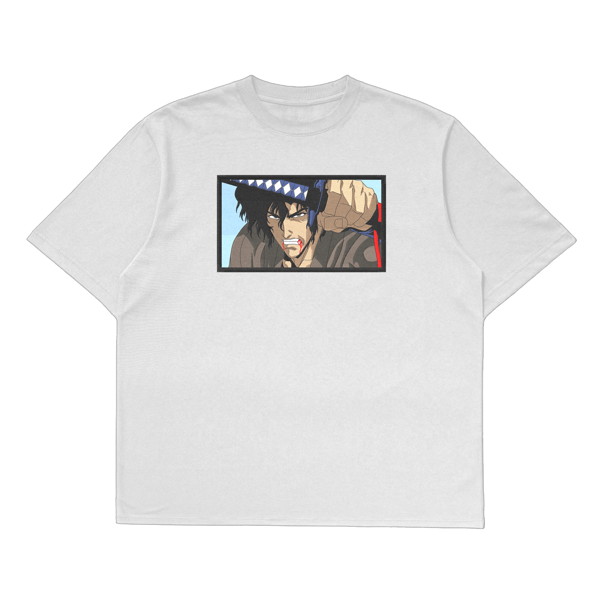 Mugen oversized t-shirt featuring an embroidered design inspired by Samurai Champloo character Mugen.