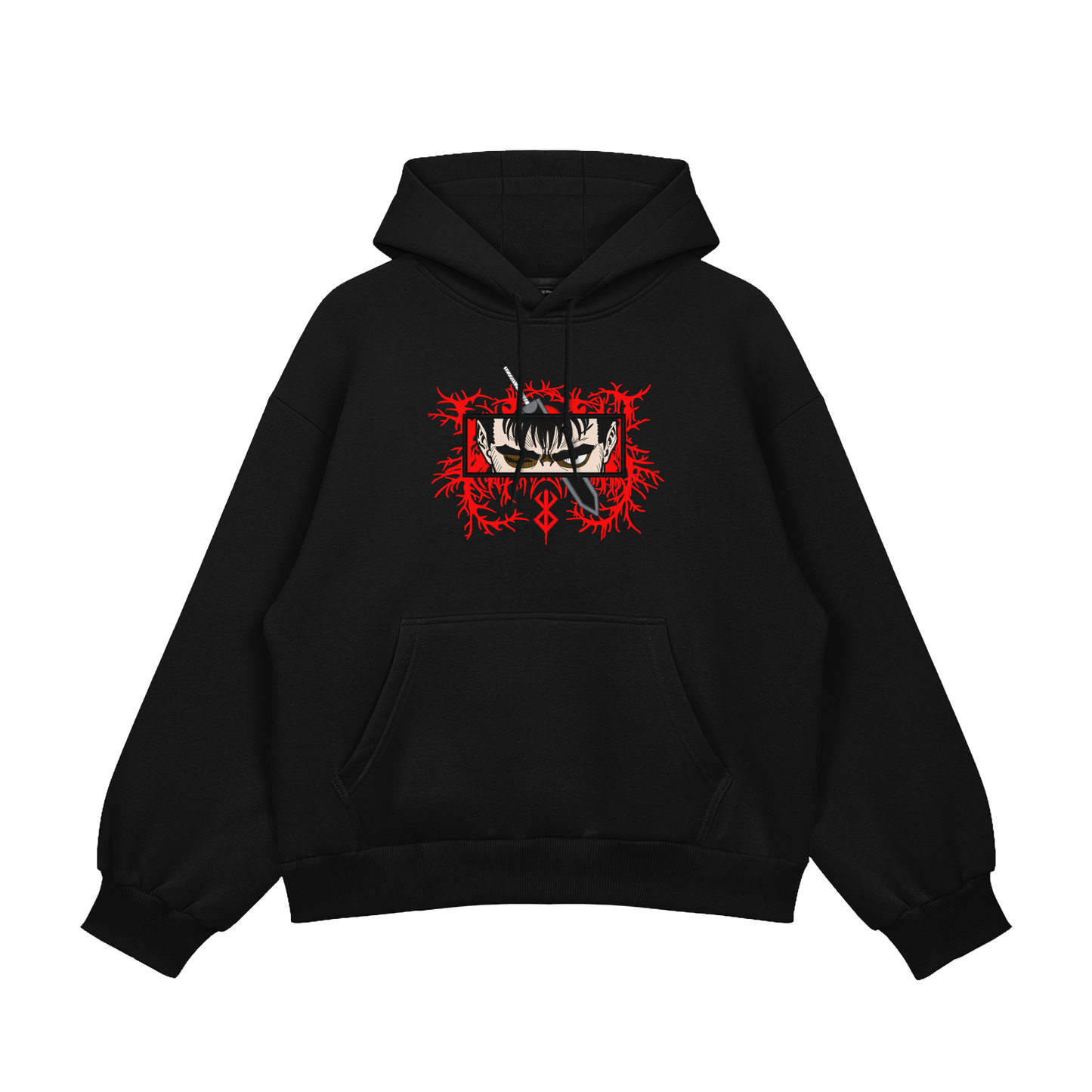 Guts Embroidered Oversized Hoodie featuring bold red embroidery on a black fleece background.