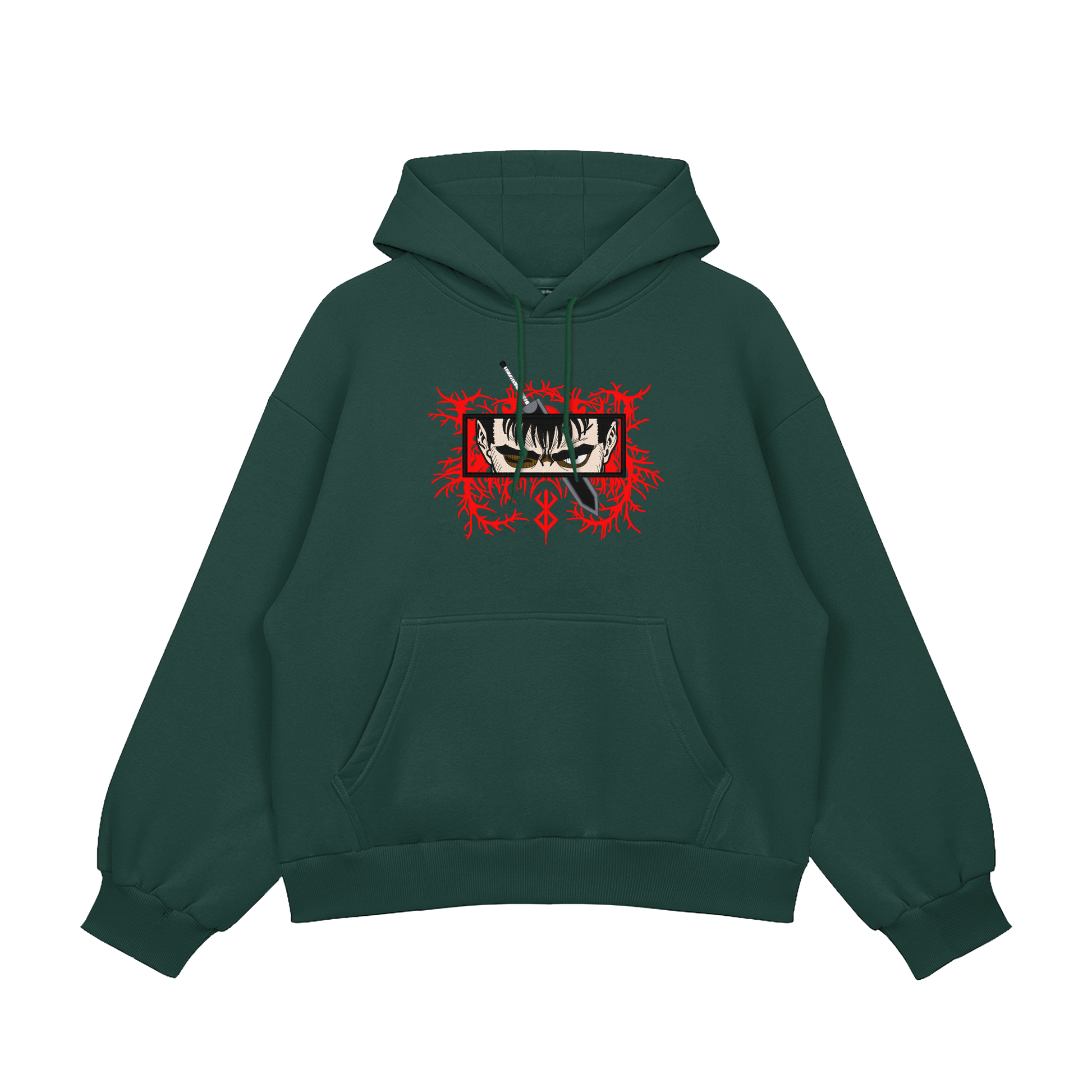 Guts Embroidered Oversized Hoodie featuring bold embroidery on heavyweight fleece in dark green