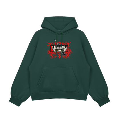 Guts Embroidered Oversized Hoodie featuring bold embroidery on heavyweight fleece in dark green