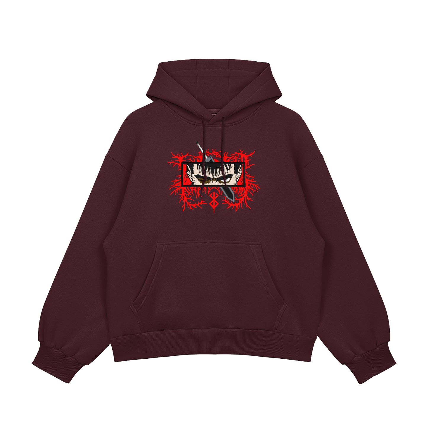 Guts Embroidered Oversized Hoodie featuring bold red embroidery on a maroon background.