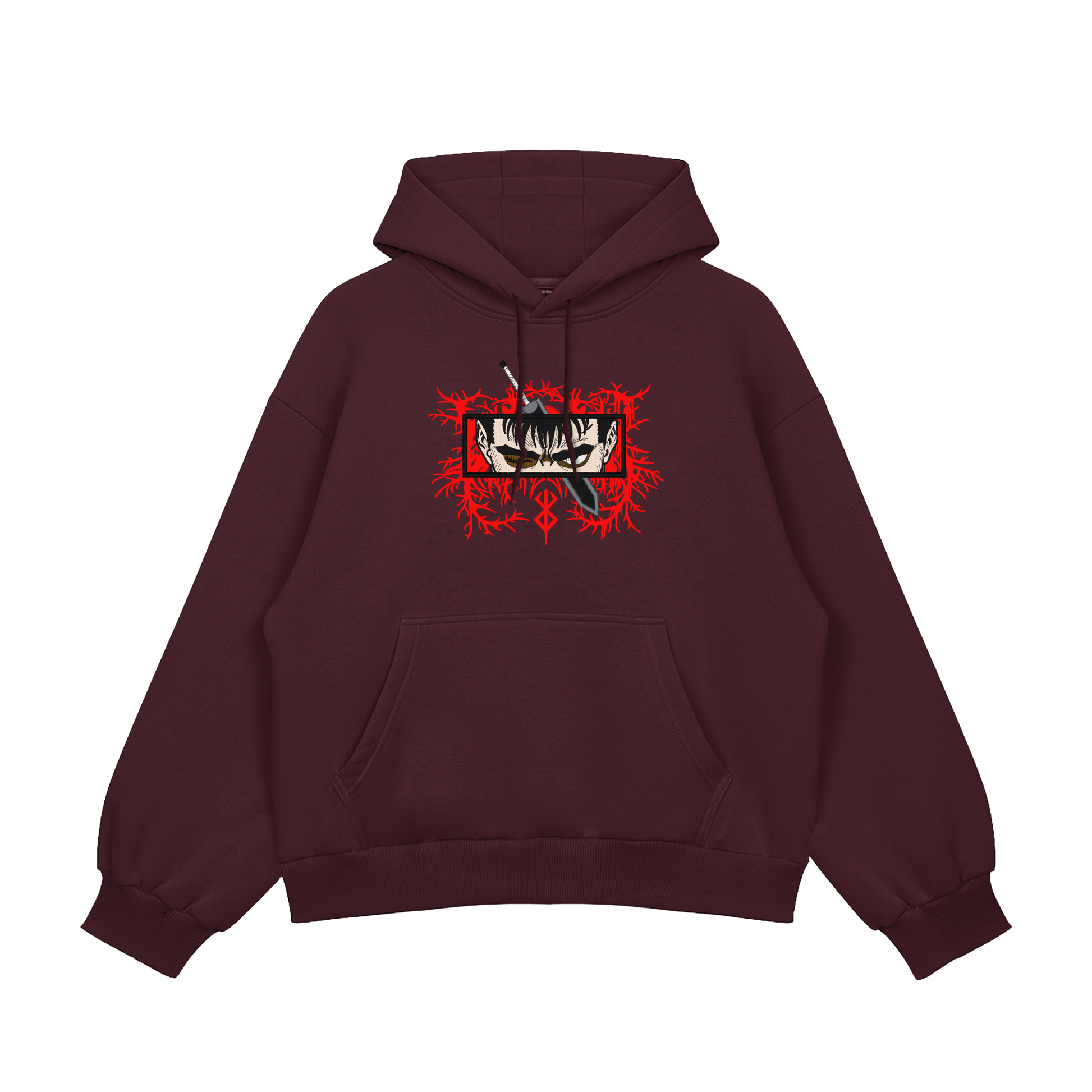 Guts Embroidered Oversized Hoodie featuring bold red embroidery on a maroon background.