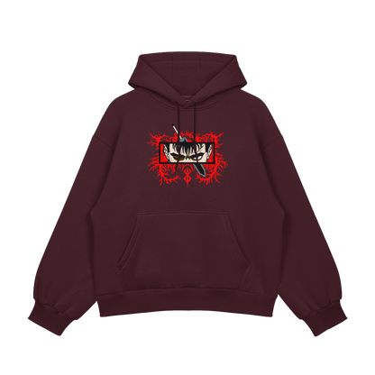 Guts Embroidered Oversized Hoodie featuring bold red embroidery on a maroon background.