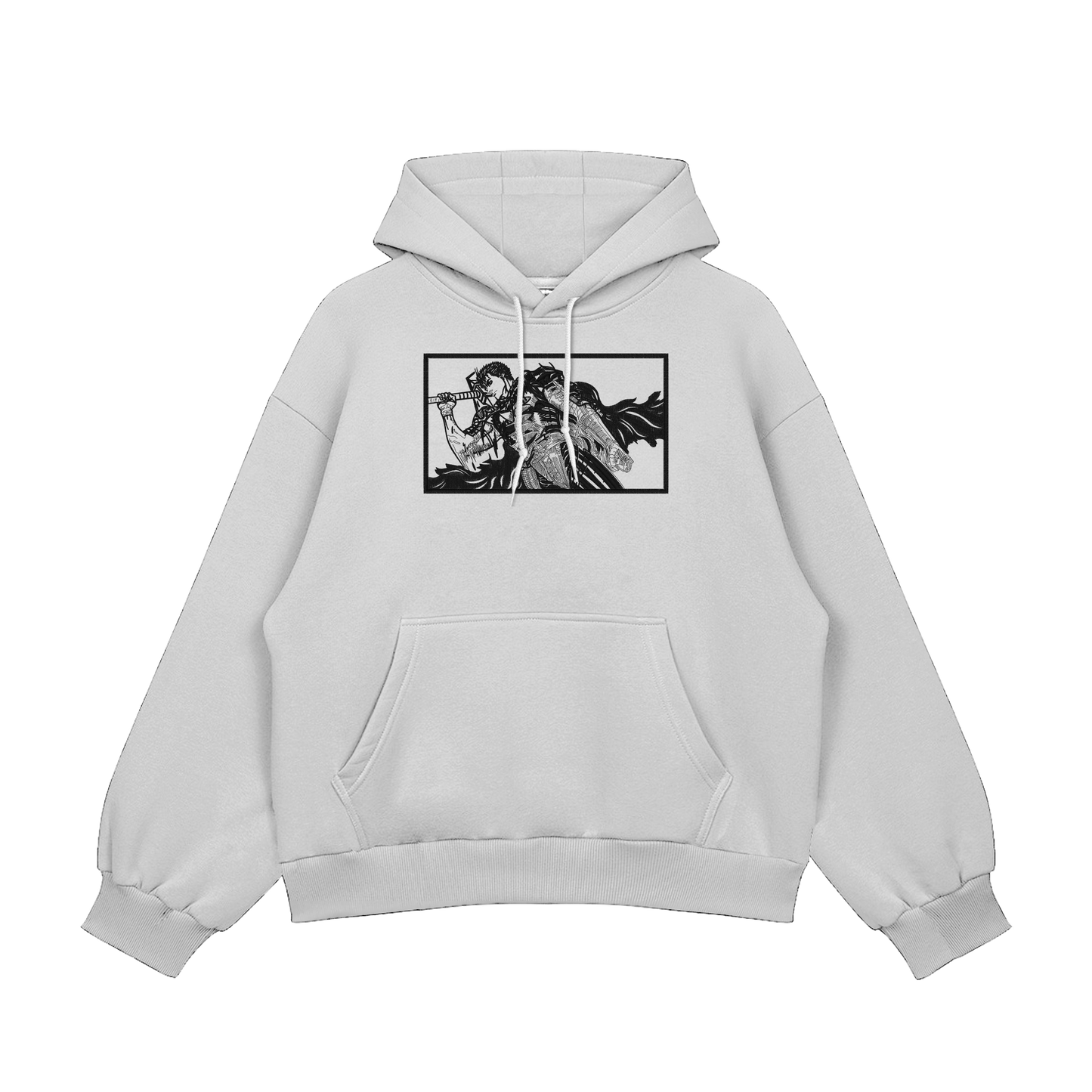 Guts embroidered oversized hoodie showcasing Black Swordsman design in battle-ready style.