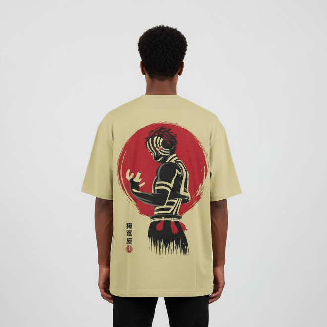 Akaza oversized t-shirt featuring a bold print inspired by Demon Slayer characters.