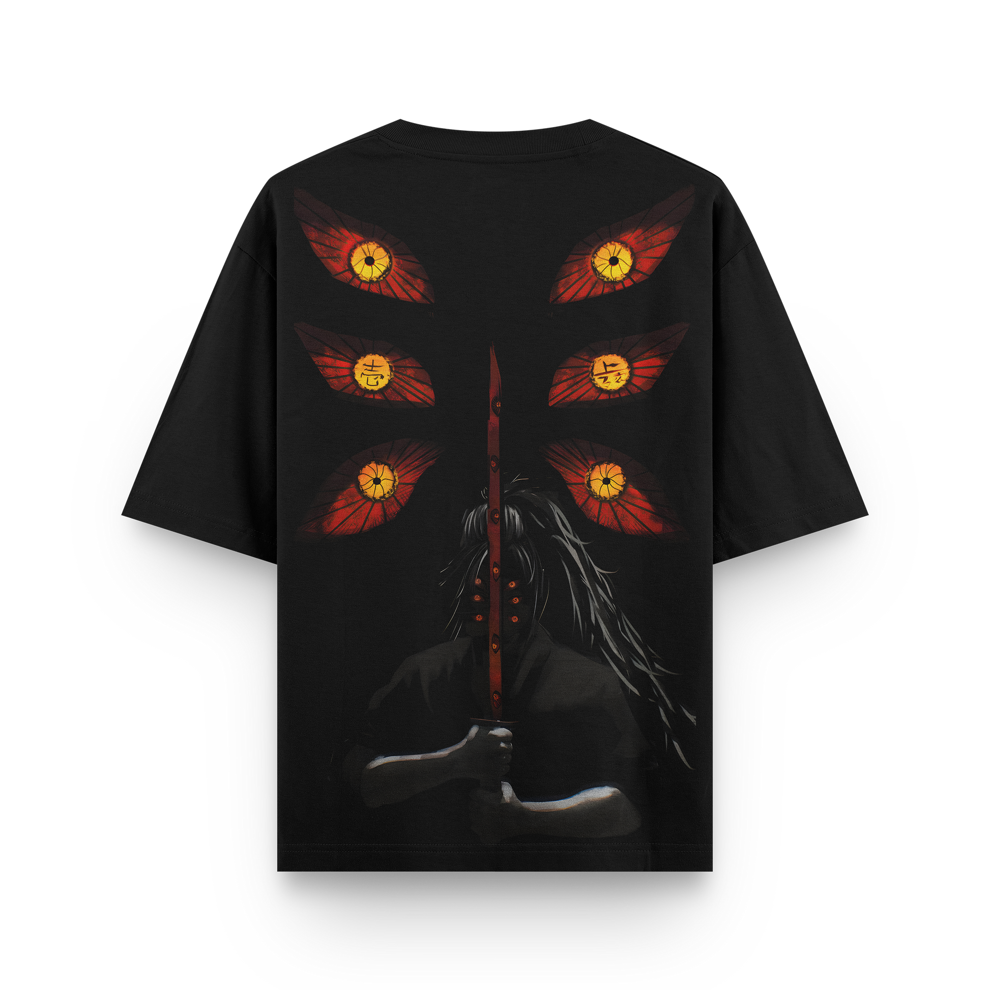 Kokushibo oversized t-shirt featuring vibrant six-eye design and sword illustration on back.