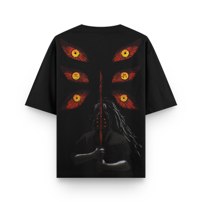 Kokushibo oversized t-shirt featuring vibrant six-eye design and sword illustration on back.