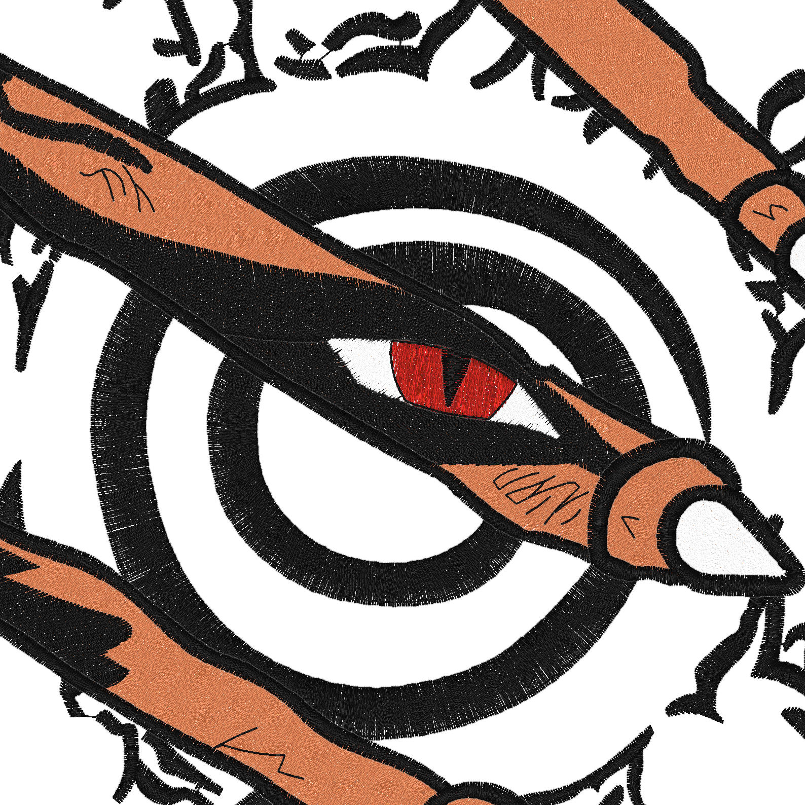 Kurama embroidered oversized t-shirt design featuring fiery chakra aura and claw-like details.