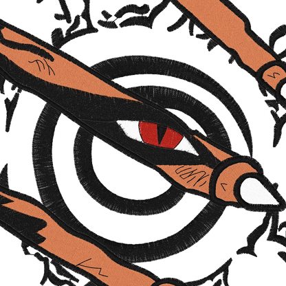 Kurama embroidered oversized t-shirt design featuring fiery chakra aura and claw-like details.