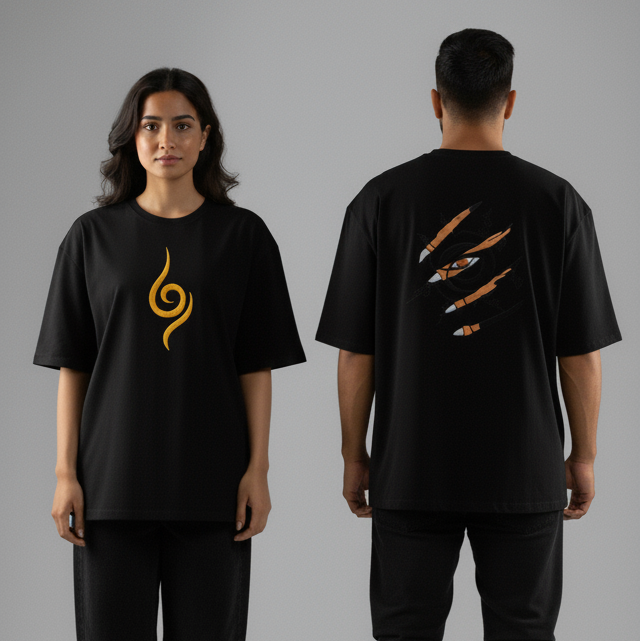 Kurama embroidered oversized t-shirt displayed on front and back of models, showcasing its unique design and colors.