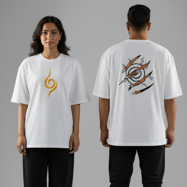 Model wearing Kurama embroidered oversized t-shirt showcasing front and back designs in a streetwear style.