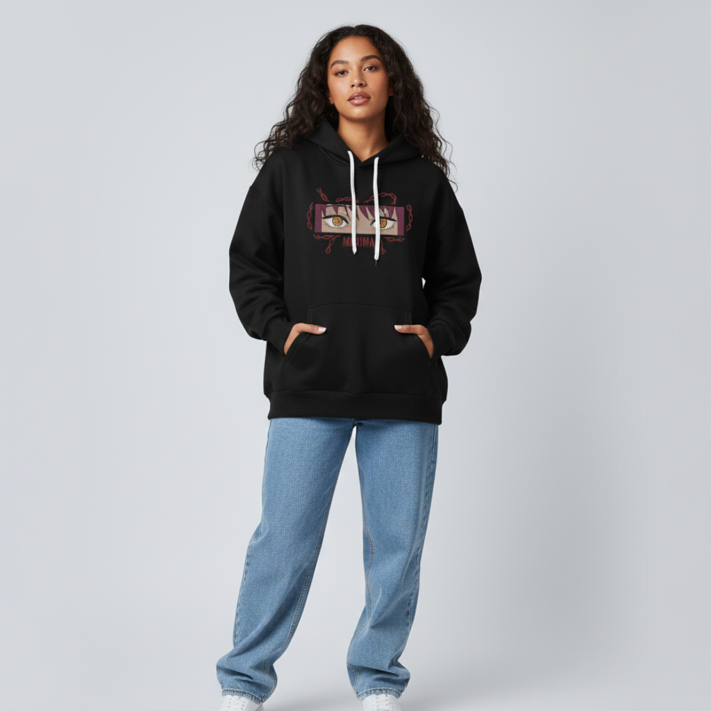 Makima embroidered oversized hoodie front view showing Control Devil embroidery on black female model by Stichin Studio India