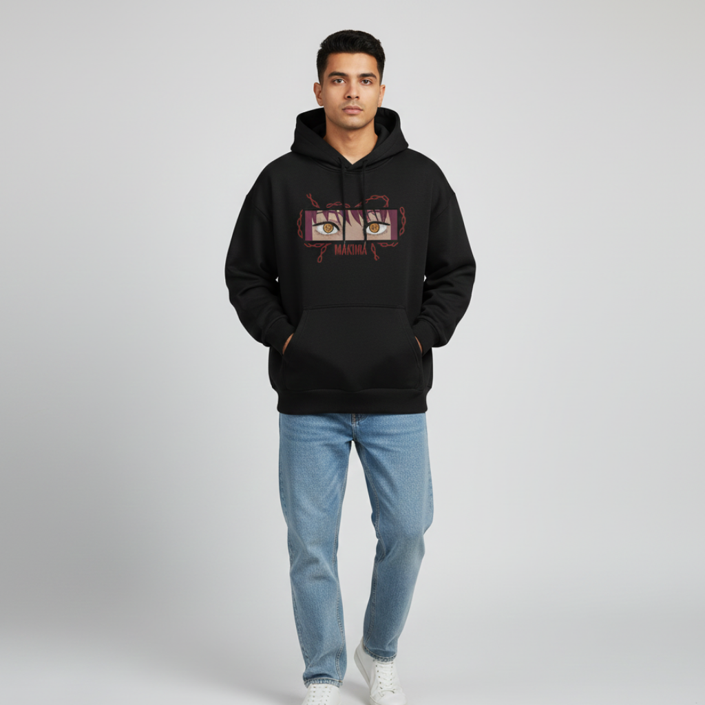 Makima embroidered oversized hoodie front view showing Control Devil embroidery on black male model by Stichin Studio India