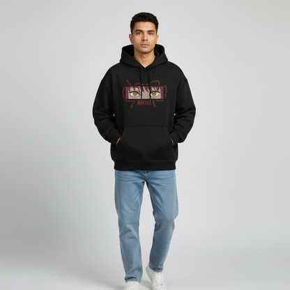 Makima embroidered oversized hoodie front view showing Control Devil embroidery on black male model by Stichin Studio India