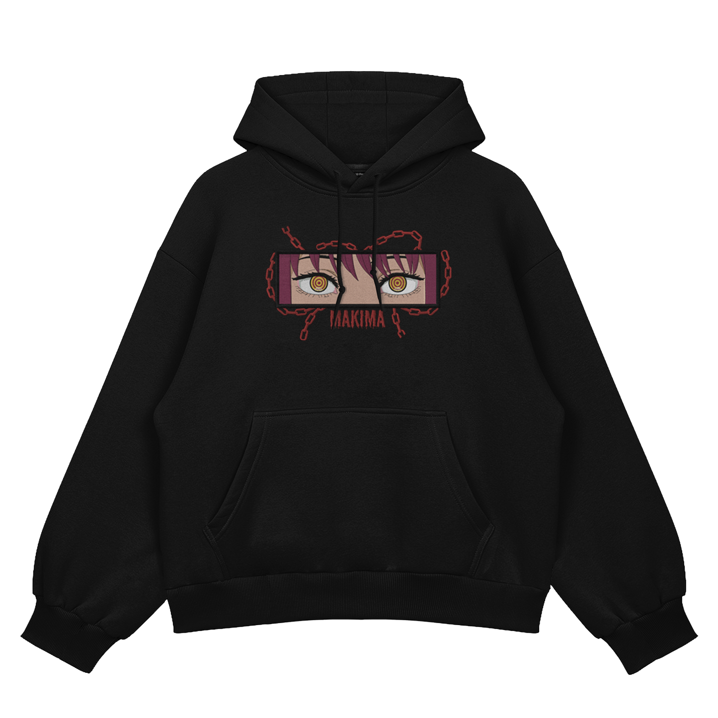 Makima embroidered oversized hoodie front view showing Control Devil embroidery on black by Stichin Studio India