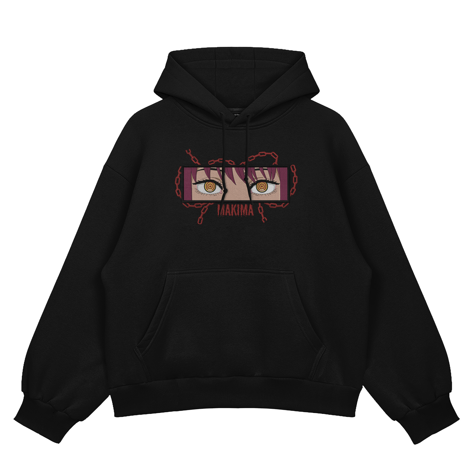 Makima embroidered oversized hoodie front view showing Control Devil embroidery on black by Stichin Studio India