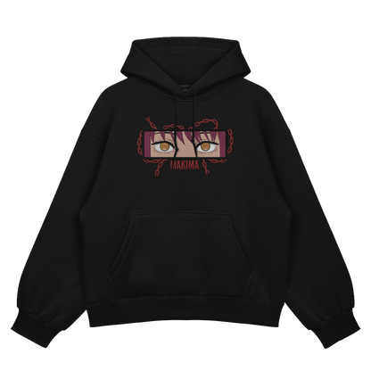 Makima embroidered oversized hoodie front view showing Control Devil embroidery on black by Stichin Studio India