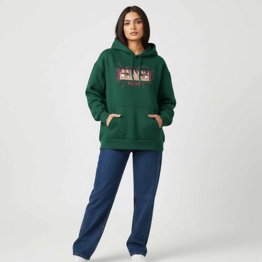 Makima embroidered oversized hoodie front view showing Control Devil embroidery on green female model by Stichin Studio India