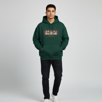 Makima embroidered oversized hoodie front view showing Control Devil embroidery on green male model front by Stichin Studio India