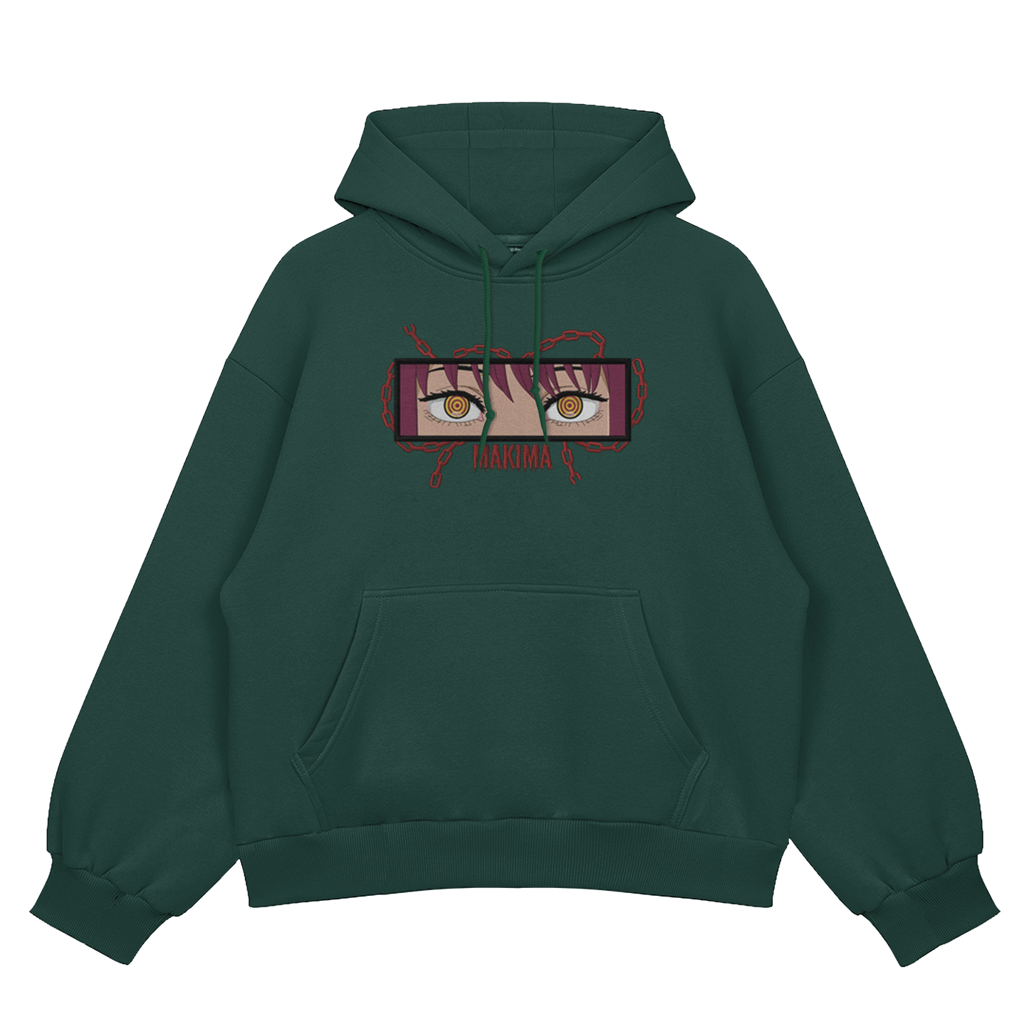 Makima embroidered oversized hoodie front view showing Control Devil embroidery on green by Stichin Studio India