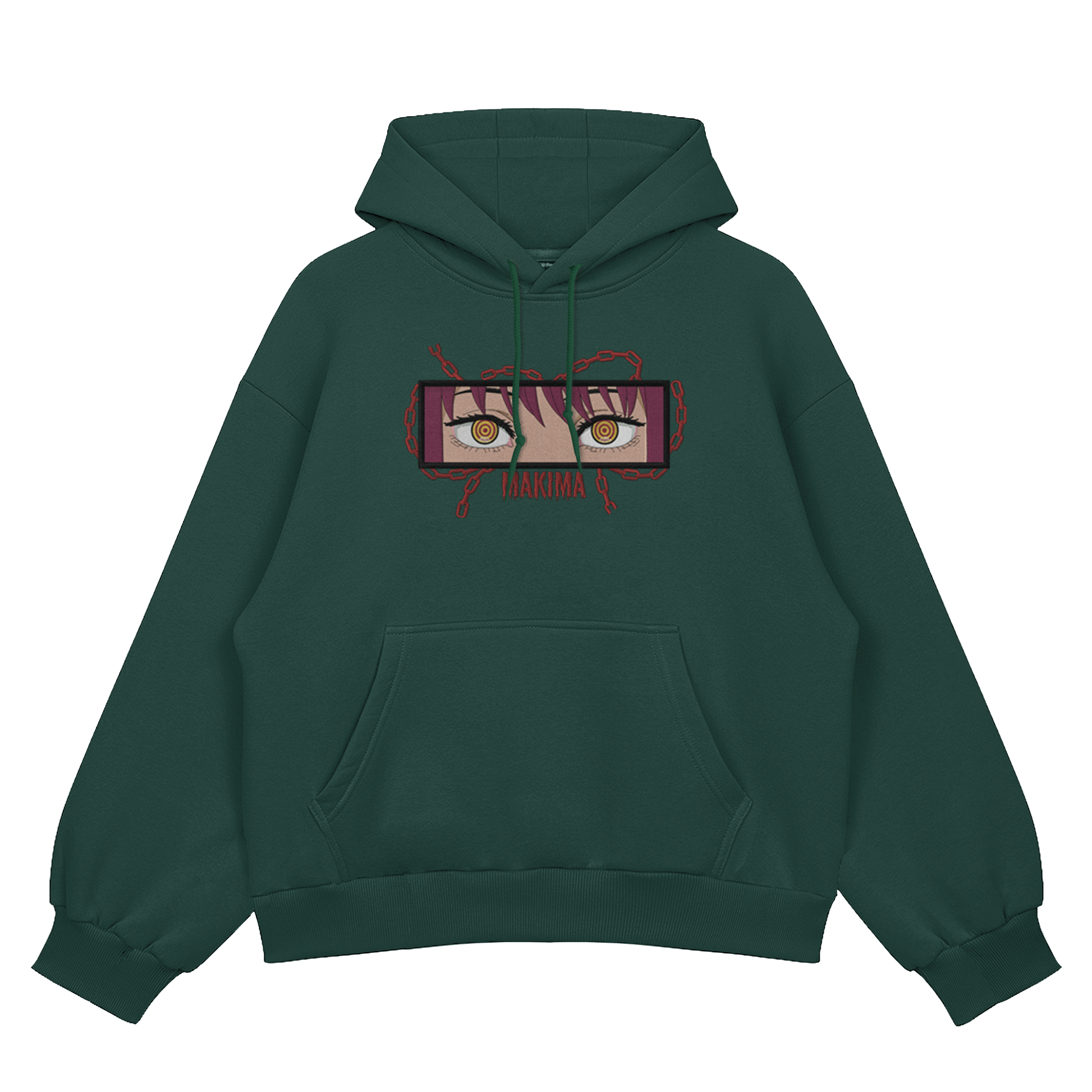 Makima embroidered oversized hoodie front view showing Control Devil embroidery on green by Stichin Studio India