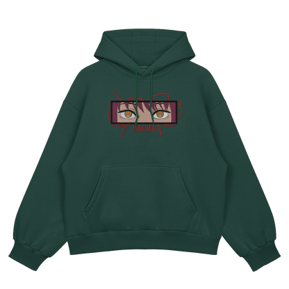 Makima embroidered oversized hoodie front view showing Control Devil embroidery on green by Stichin Studio India