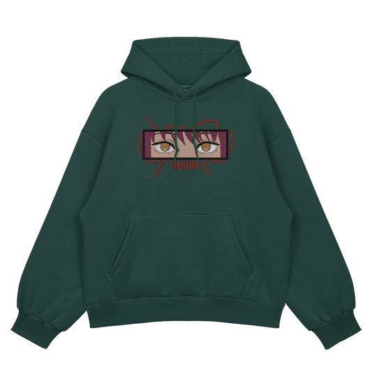 Makima embroidered oversized hoodie front view showing Control Devil embroidery on green by Stichin Studio India