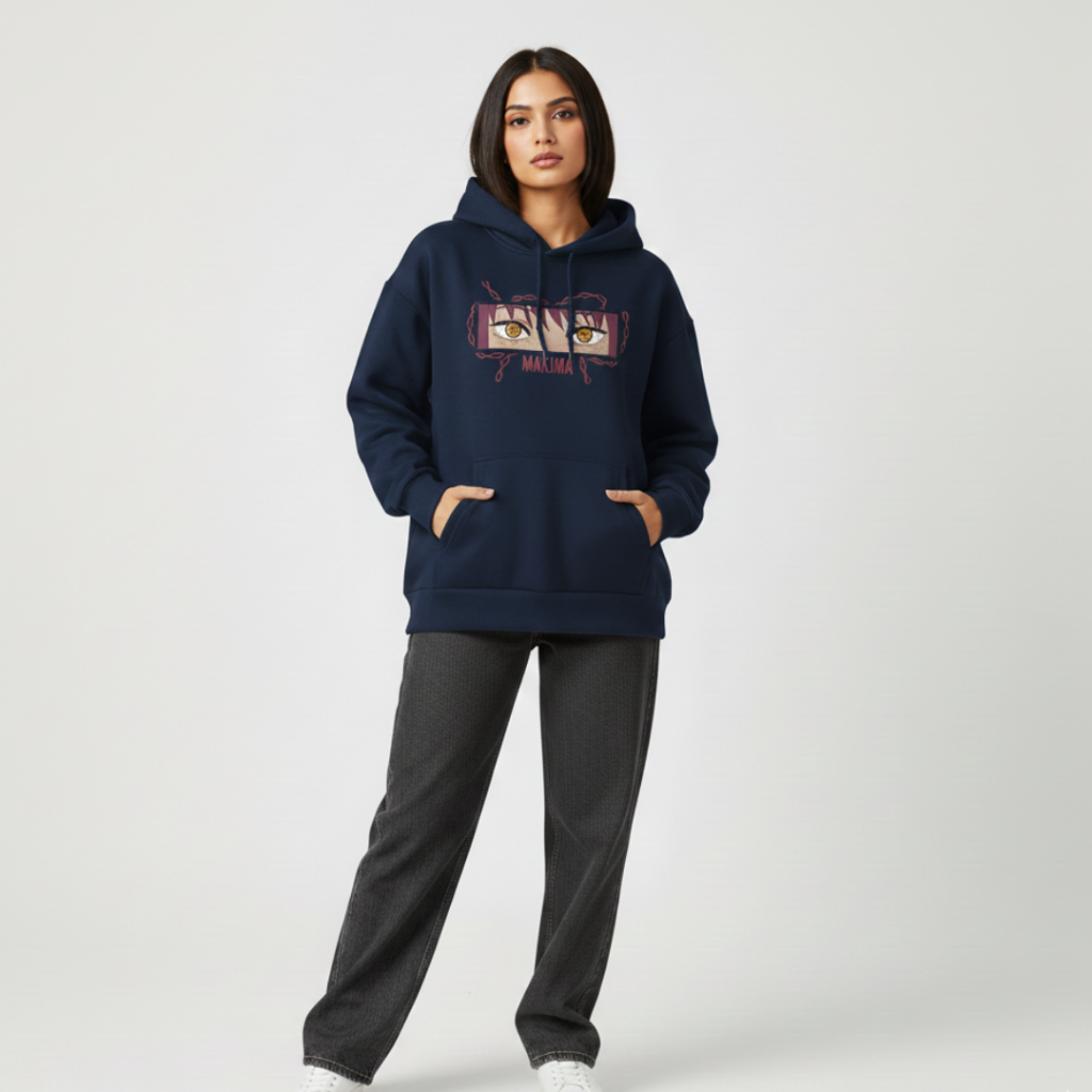 Makima embroidered oversized hoodie front view showing Control Devil embroidery on navy blue female model by Stichin Studio India