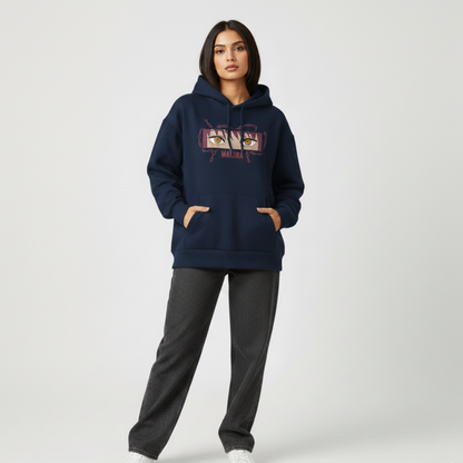 Makima embroidered oversized hoodie front view showing Control Devil embroidery on navy blue female model by Stichin Studio India