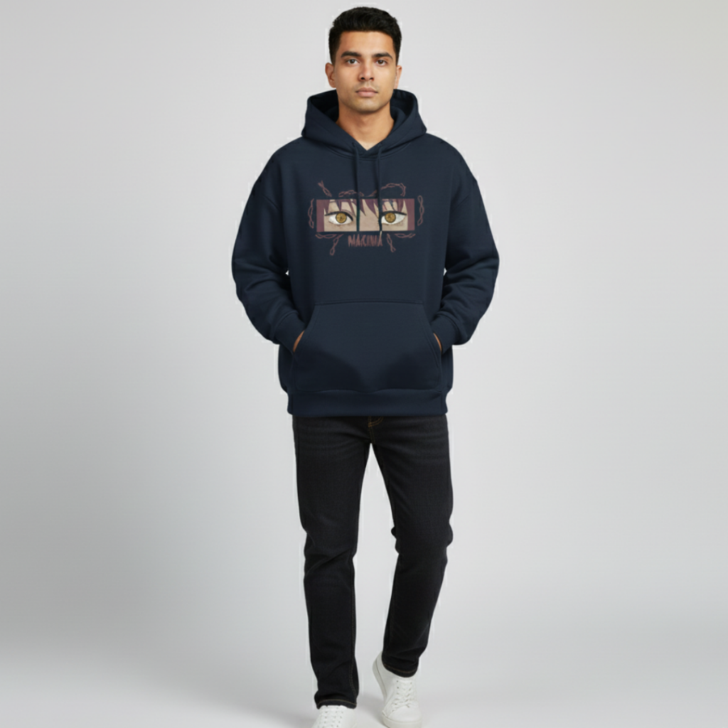 Makima embroidered oversized hoodie front view showing Control Devil embroidery on navy blue male model front by Stichin Studio India