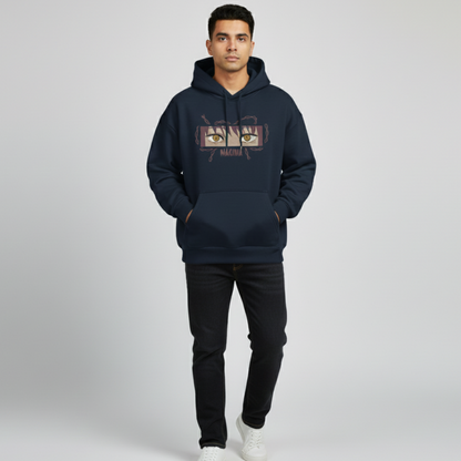 Makima embroidered oversized hoodie front view showing Control Devil embroidery on navy blue male model front by Stichin Studio India
