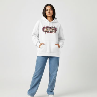 Makima embroidered oversized hoodie front view showing Control Devil embroidery on white female model by Stichin Studio India