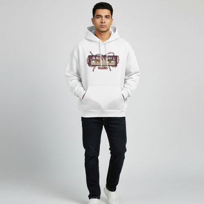 Makima embroidered oversized hoodie front view showing Control Devil embroidery on white male model by Stichin Studio India