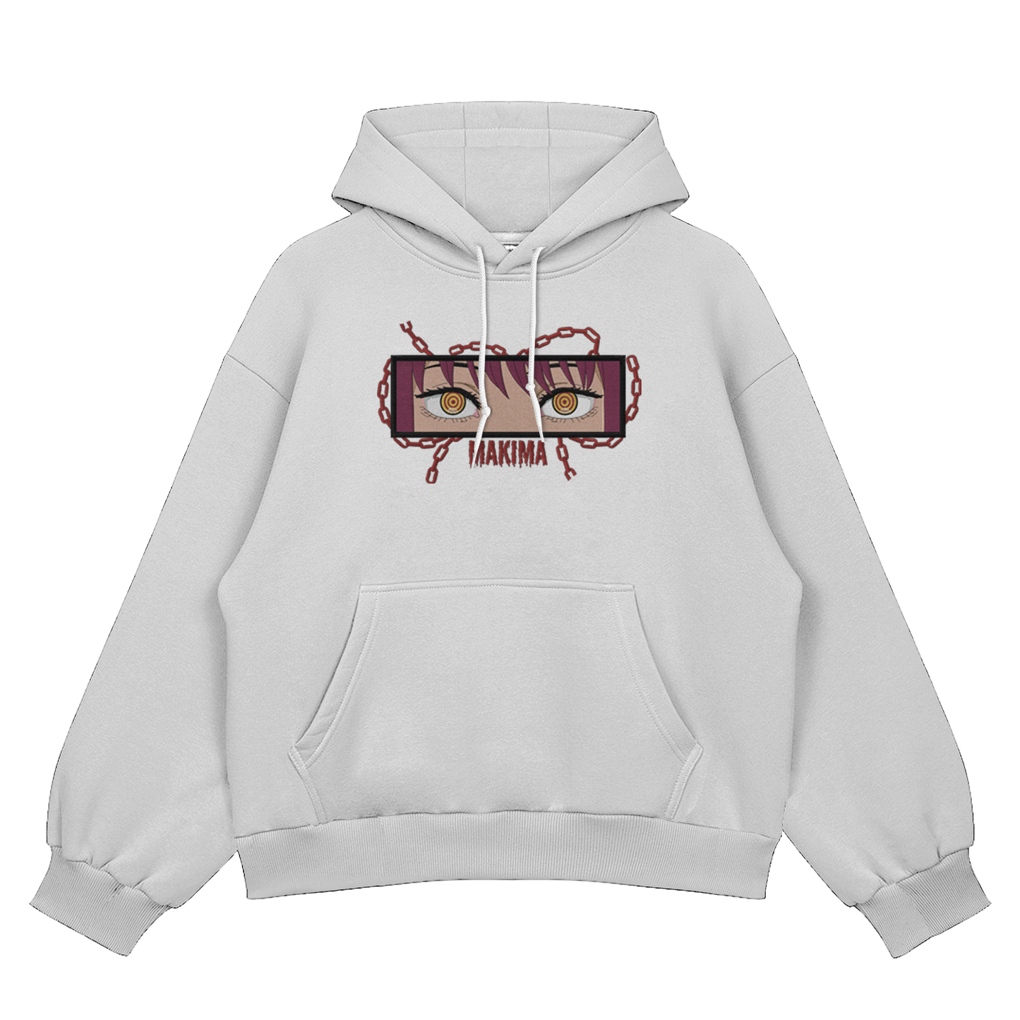 Makima embroidered oversized hoodie front view showing Control Devil embroidery on white by Stichin Studio India