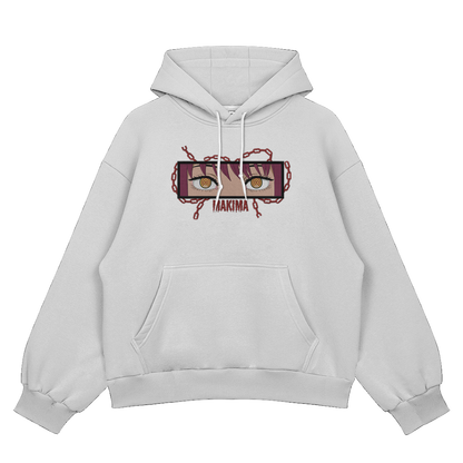 Makima embroidered oversized hoodie front view showing Control Devil embroidery on white by Stichin Studio India