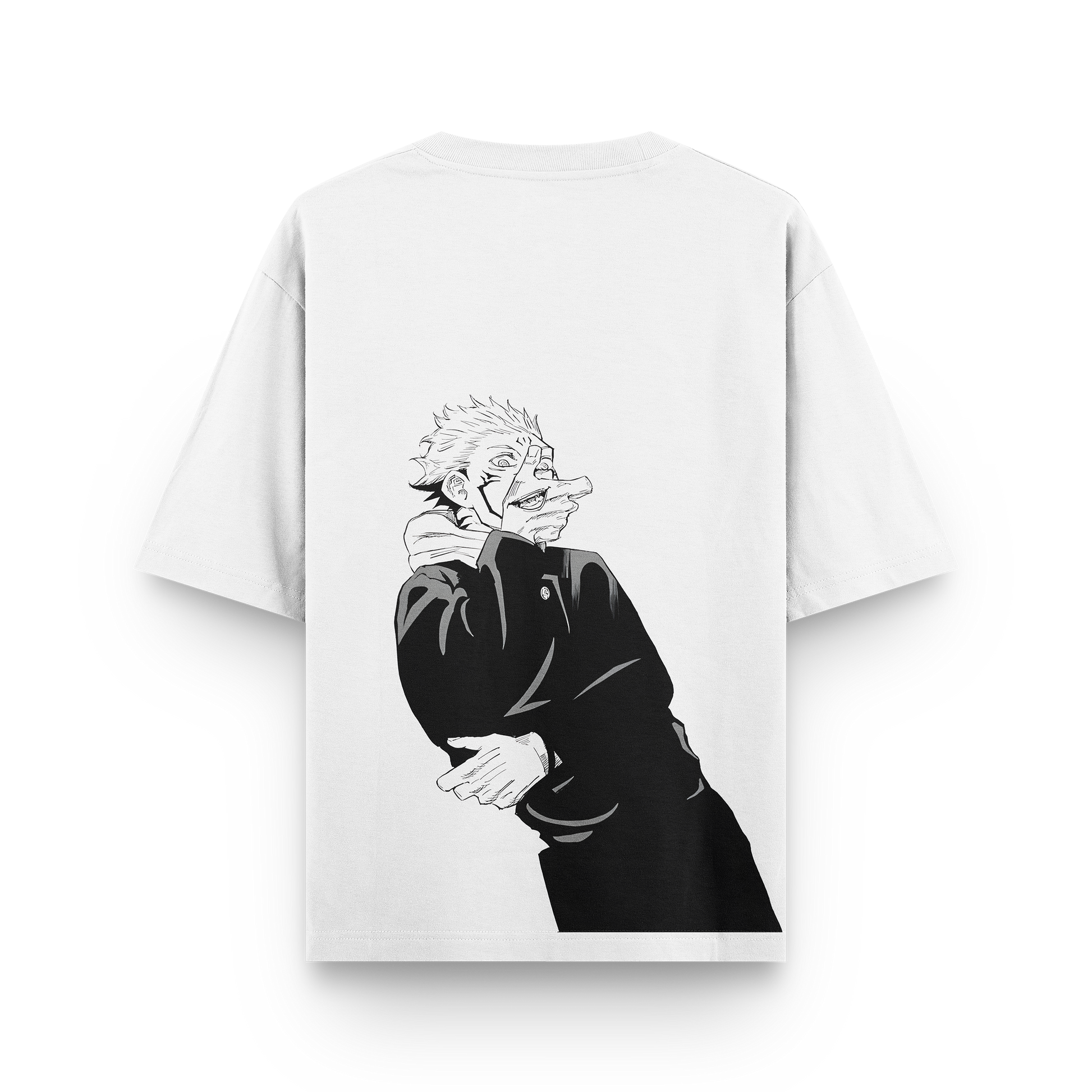 Sukuna oversized t-shirt featuring detailed embroidery of Sukuna from Jujutsu Kaisen on premium cotton.